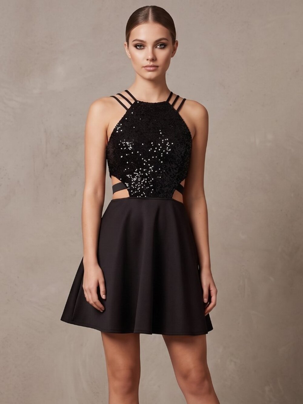 Black Sequin Cut Out Mini A-line Cocktail Dress - Size: S